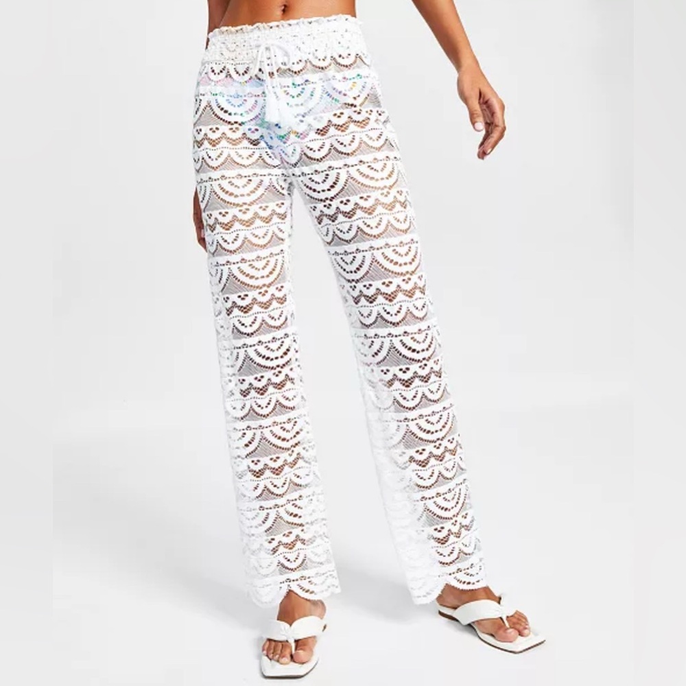 Miken Swim Scallop Hem White Crochet Lace Beach Pool Cruise Pants Junior S EUC